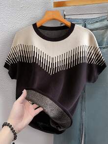 SHEIN Franclia Women's Casual Short Sleeve Graphic Knit Top - Black - View 1