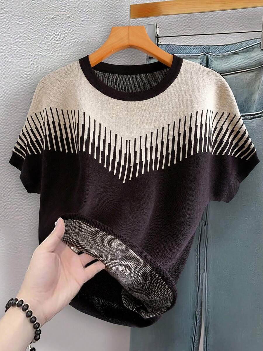 SHEIN Franclia Women's Casual Short Sleeve Graphic Knit Top - Black - View 1