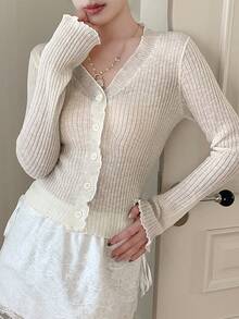 FRIFUL 女士时尚休闲针织罗纹薄开衫 - 白色 - 查看 8