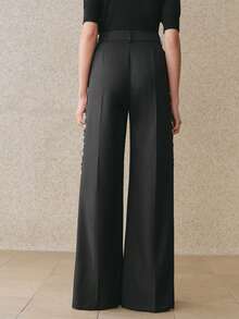 Anewsta 春季新款女士黑色办公裤，时尚撞色亮片装饰喇叭休闲西装裤 - 黑色 - 查看 3