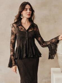 Anewsta 2026春夏新款女士蕾丝吊带衬衫，宽松喇叭袖，半透明荷叶边下摆，收腰设计，时尚显瘦的优雅上衣 - 巧克力棕 - 查看 4