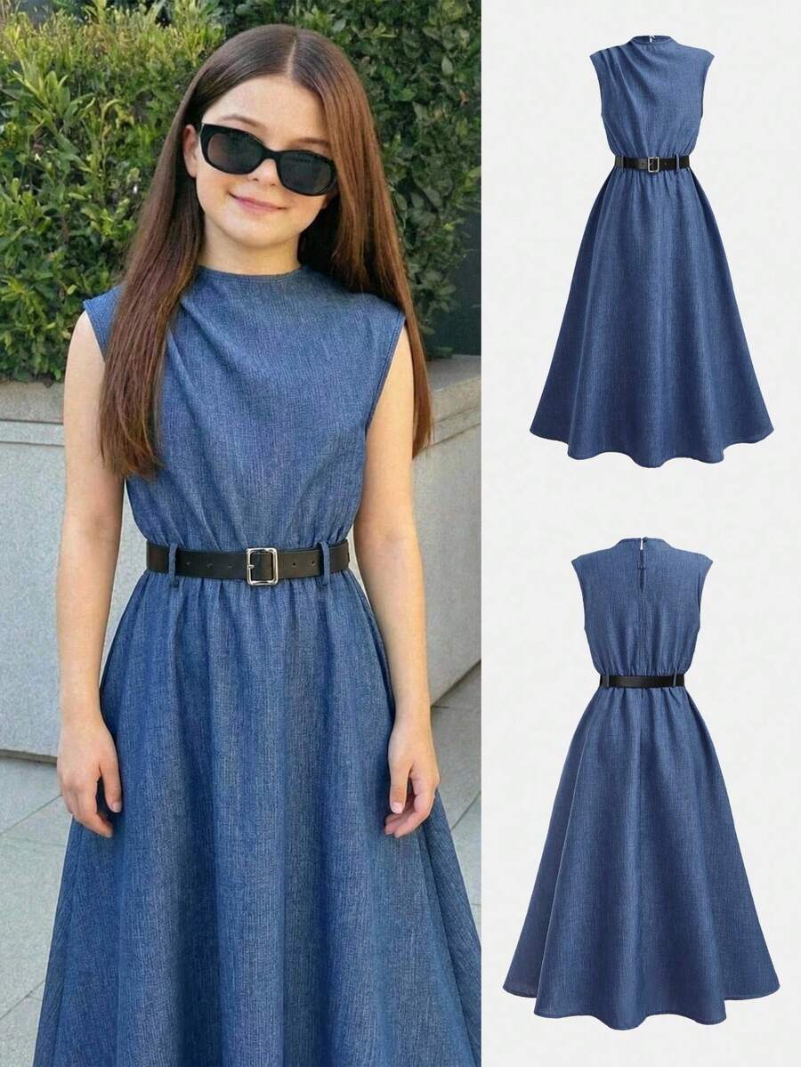 Firerie Kids Firerie Kids NovaGlow Tween Girl Tween Girls Casual Fashion Commuter Stand Collar Flared Waist Blue A-Line Dress, Comes With Belt