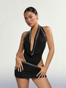 SHEIN ICON Y2K 女式狂欢节性感哥特风黑色音乐会派对科切拉音乐节深V露背性感迷你连衣裙，夏季时尚 - 黑色 - 查看 3