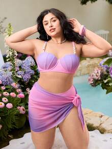 Swim Mod 3pcs Plus Size Women Floral Print Underwire Top, High Waist Bikini Bottom & Skirt Swimwear Set, Suitable For Beach & Vacation In Summer - Multicolor - View 7