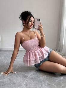 SHEIN Tall 女士性感褶皱双层拼接吊带短款吊带背心 - 粉色 - 查看 6