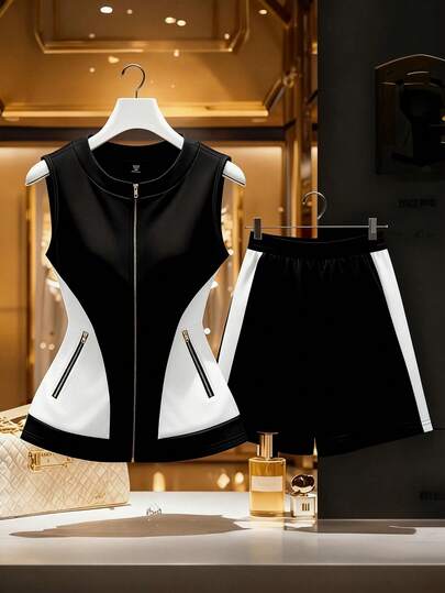 GlowEve CURVE 女士时尚休闲优雅无袖拉链撞色外套和撞色弹力腰短裤两件套