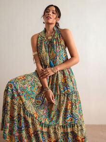 Freevana Bohemian Vintage Printed Halter Dress, Retro Distressed Loose Flowy Long Dress, Vacation Style Slimming Cover-Up Dress, Summer - Multicolor - View 6