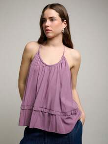 Nöista Loose, Flowy Halter Top In Mauve Shade. Features A Gathered Neckline, Lightweight Layered Fabric, And Mini Ruffle Trim Detail. Perfect For Spring , Spring Breaks, Spring , Casual, Or Vacation Looks. - Purple - View 4
