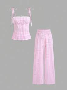 Sweetra Women's Sweet Pink Plaid Camisole And Wide Leg Straight Pants Set, Pastoral Style Romantic Casual Vacation Outfit, Spring/Summer - Pink - View 1