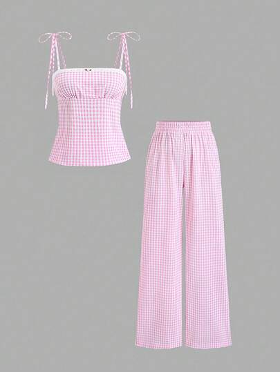 Sweetra Women's Sweet Pink Plaid Camisole And Wide Leg Straight Pants Set, Pastoral Style Romantic Casual Vacation Outfit, Spring/Summer