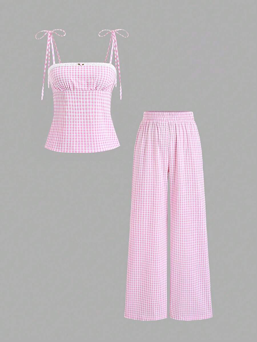 Sweetra Women's Sweet Pink Plaid Camisole And Wide Leg Straight Pants Set, Pastoral Style Romantic Casual Vacation Outfit, Spring/Summer - Pink - View 1