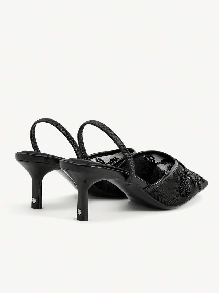 CUCCOO CHICEST New Arrival Women's Shoes, Square Toe Mid-Heel Black Embroidered Mesh Beaded Elegant Party Ankle Strap Thin High Heel Pumps Wedding Shoes Spring Shoes Bride Shoes