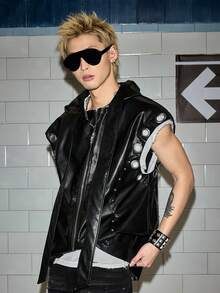 ROMWE MEN Goth Men's PU Leather Hooded Zipper Jacket With Eyelets, Fashionable And Versatile For Daily Wear - Black - View 2