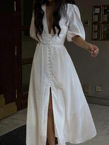 DAZY 女士纯色深V领优雅收腰中长派对连衣裙，情人节女士吊带裙 - 白色 - 查看 1