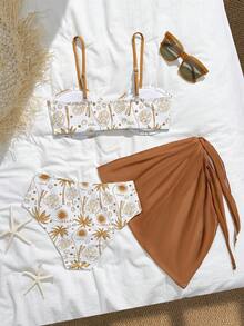 SHEIN 少女三件套比基尼套装，露脐吊带上衣，纯色性感泳裤，纱笼式裹身裙，椰树向日葵印花，时尚休闲优雅泳装，适合游泳、度假、夏季穿着。三件套泳装，款式简洁，适合女孩沙滩穿着。三件套泳衣，棕榈树图案，款式简洁。两件套泳装，三件套比基尼套装，泳衣套装，少女比基尼裙套装，夏季服装，印花泳装，两件套热带粉色泳装，女孩夏季套装。 - 棕色 - 查看 2
