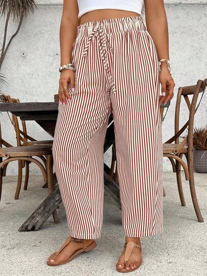 SHEIN VCAY Plus Size Casual Striped Elastic Waist Loose Pants