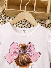 SHEIN 2件組少女可愛蝴蝶結印花荷葉袖T恤 - 粉色 - 查看 9
