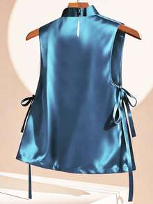 Franclia New Sleeveless Shirt With Bow Tie, Stand Collar, Slit, Tie - Blue - View 2