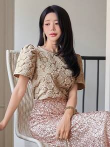 DAZY Women's Elegant Floral Textured Round Neck Puff Sleeve T-Shirt, Summer - Khaki - View 6