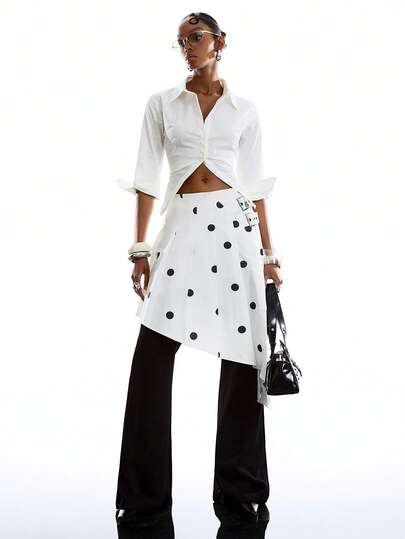 LYSMO 2026 New Arrive Minimalism Spring/Summer Women's Fashion Asymmetrical Hem Polka Dot Print Button Skirt,Work Outfits/Business Casual/ Office Outfits For Women
