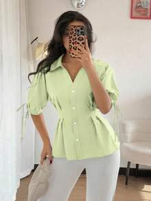Franclia Áo kiểu nữ tay ngắn thanh lịch, thiết kế ôm eo, tay phồng, thích hợp mặc mùa hè, đi biển, nghỉ lễ, màu xanh nhạt. - Màu xanh Bạc hà - Xem 5