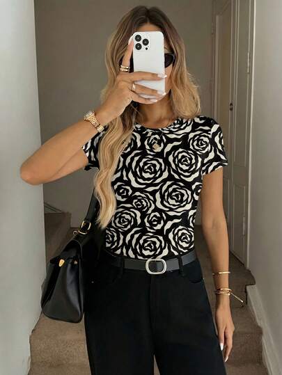 SHEIN LUNE Women's Casual Minimalist Round Neck Fitted Short Sleeve T-Shirt, Suitable For Spring/Summer