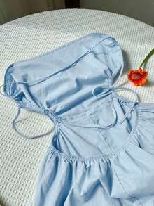 Comfortcana Mono de lino con cortes laterales, cintura fruncida y abdomen descubierto para el verano - Celeste - Ver 5