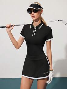 SHEIN Sports 女士撞色 Polo 领罗纹修身短袖上衣，适合日常运动、网球、高尔夫等休闲场合穿着 - 黑色 - 查看 3