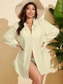 SHEIN X Sofía Suescun SHEIN Swim 大码女式单条纹纽扣长袖衬衫，度假沙滩上衣 - 杏色 - 查看 6