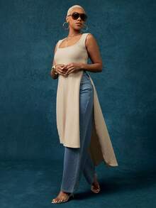 Vixey Apricot Dual Side Slit Sweater Maxi Tank Top - Khaki - View 4
