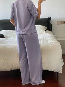 DAZY Ensemble de vêtements de détente pour femmes en tricot de couleur unie avec cordon de serrage à l'ourlet - Prune - Voir 2