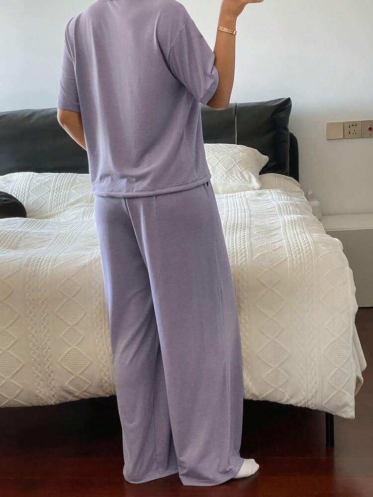 Simple Solid Color Knit Drawstring Hem Women Loungewear Set