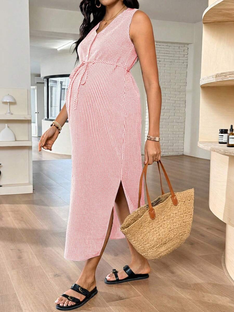 SHEIN Maternity V-Neck Sleeveless Plaid Slit Casual Summer Dress - Pink - View 1