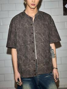 ROMWE MEN Street Life Men's Single-Breasted Short Sleeve Brown PU Shirt - Brown - View 4