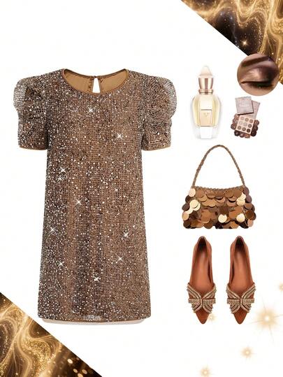 Ellevyn Solid Puff Sleeve Keyhole Back Dress Texture Fabric  Summer Outfits For Women  Women's Casual And Elegant Outfits Elegant Dresses For Party  Bridesmaid Dress Weddings & Events   Wedding Guest Dress, Party Short Retro Sequined Dress, Brown Mesh Crochet Fabric, Banquet Dress, Puff Sleeve Short-Sleeved Elegant Dress