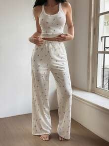 Livesso 2pcs Women Casual Printed Tank Top & Pants Set - Beige - View 6