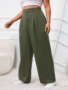 SHEIN PETITE CURVE 大码纯色前扣简约休闲西装裤，适合毕业季、返校季、教师装等场合，秋冬季日常通勤穿着皆宜。 - 軍綠色 - 查看 5