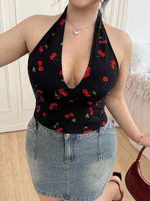 CovetEZ Plus Size Women's Sexy Backless Deep V-Neck Tie Front Cherry Print Vacation Top - Red - View 6