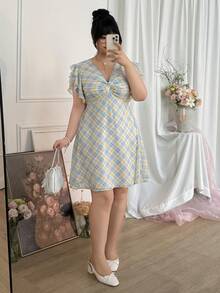 CovetEZ Đầm ngắn dáng chữ A cỡ lớn, màu sắc tươi sáng, kẻ caro bằng chiffon, tay ngắn bồng bềnh, eo thắt nút xoắn, dành cho kỳ nghỉ hè. - Nhiều màu - Xem 5