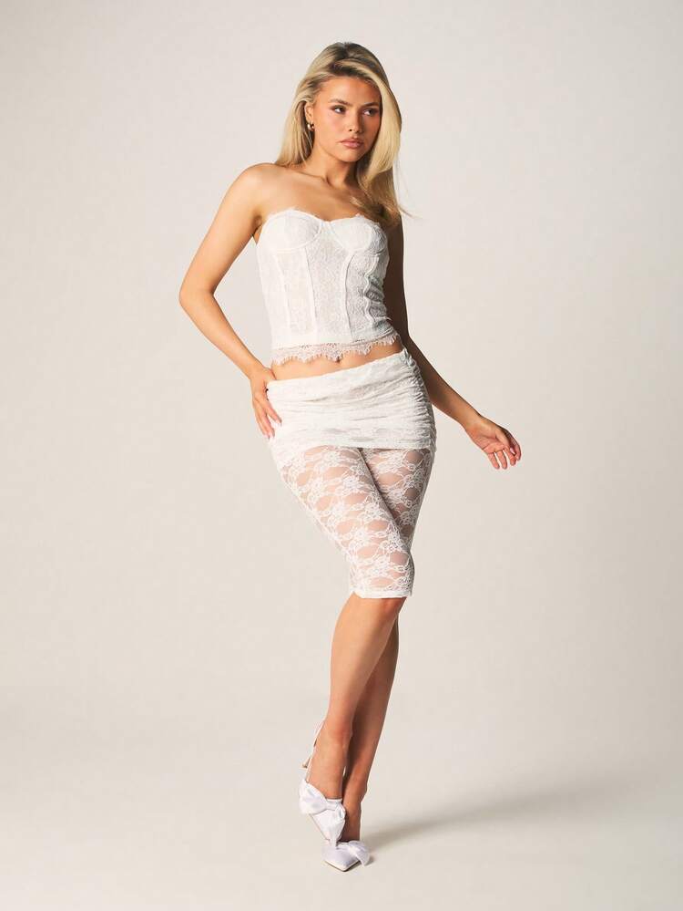 MISSGUIDED Delicate Lace Fold Over Capri Length Pants High Waisted Stretchy Fitted Semi Sheer Summer Evening Bottoms