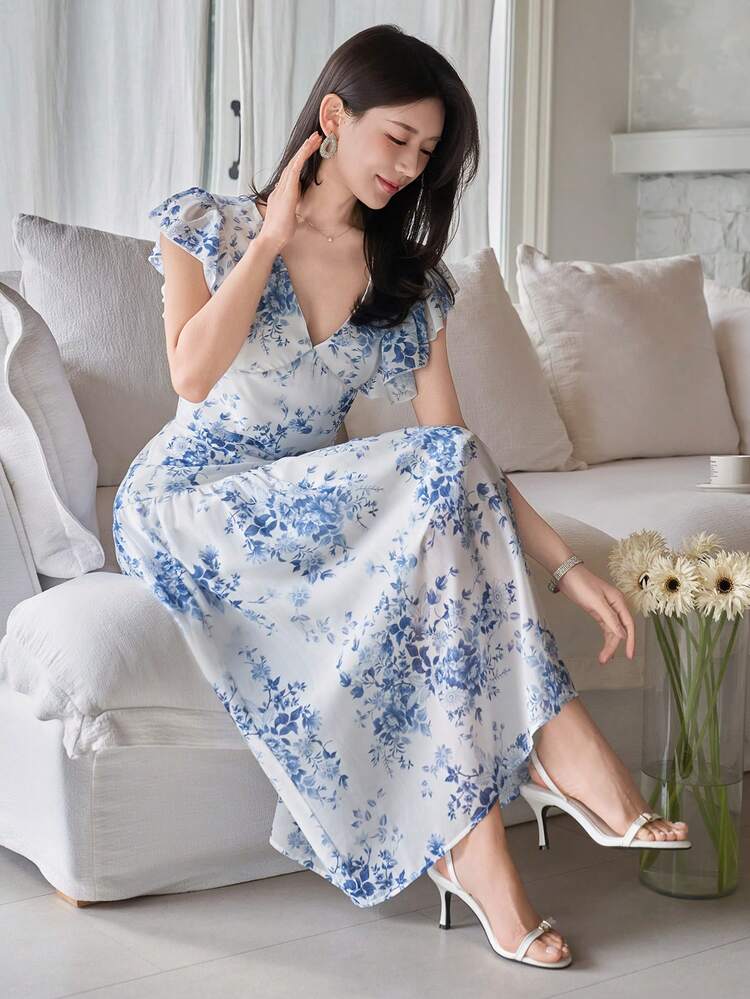 Women's Elegant Floral V-Neck Ruffle Trim Top And Skirt 2 Pieces Set, Summer