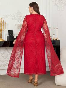 Modelyn Vestido de noche/vestido formal de encaje rojo con mangas de chal, elegante y entallado para tallas grandes - Burdeos - Ver 2