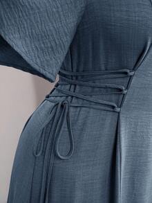 Modelyn 大码女式纯色纽扣半开襟荷叶袖腰带优雅连衣裙 - 藍色 - 查看 6