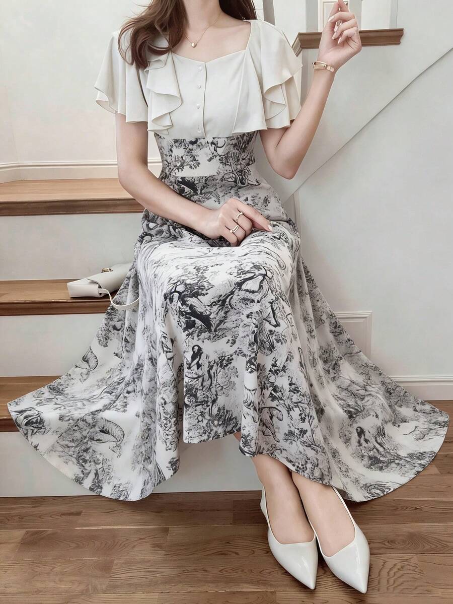FRIFUL 女士春夏碎花短袖荷叶边修身休闲连衣裙 - 灰色 - 查看 1
