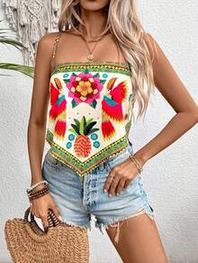 Breezaya 女士夏季度假风格花卉印花不对称下摆吊带背心图案 T 恤女士上衣 - 彩色 - 查看 6