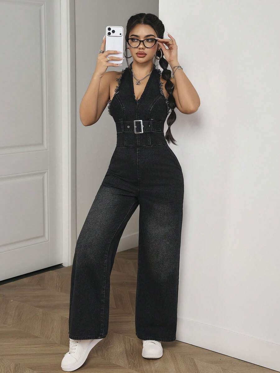 SHEIN PETITE Women's Frayed Hem Eyelet Buckle Halter Wide Leg Denim Jumpsuit - Black - View 1
