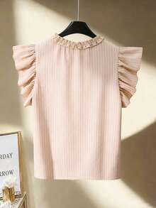 Franclia Áo kiểu nữ mới, họa tiết kẻ sọc, tay loe, cổ tròn, viền bèo nhún, phong cách thanh lịch thường ngày, mùa xuân/hè. - Màu Khaki - Xem 2