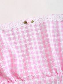 Sweetra Women's Sweet Pink Plaid Camisole And Wide Leg Straight Pants Set, Pastoral Style Romantic Casual Vacation Outfit, Spring/Summer - Pink - View 7