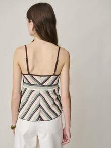 Nöista Green And White Striped,Summer,Boho,Vacation Multi-Colored Knit Camisole,Deep V-Neck Wrap Flowing A-Line Silhouette Fitted Hand-Knit Casual Tank Top - Green - View 2