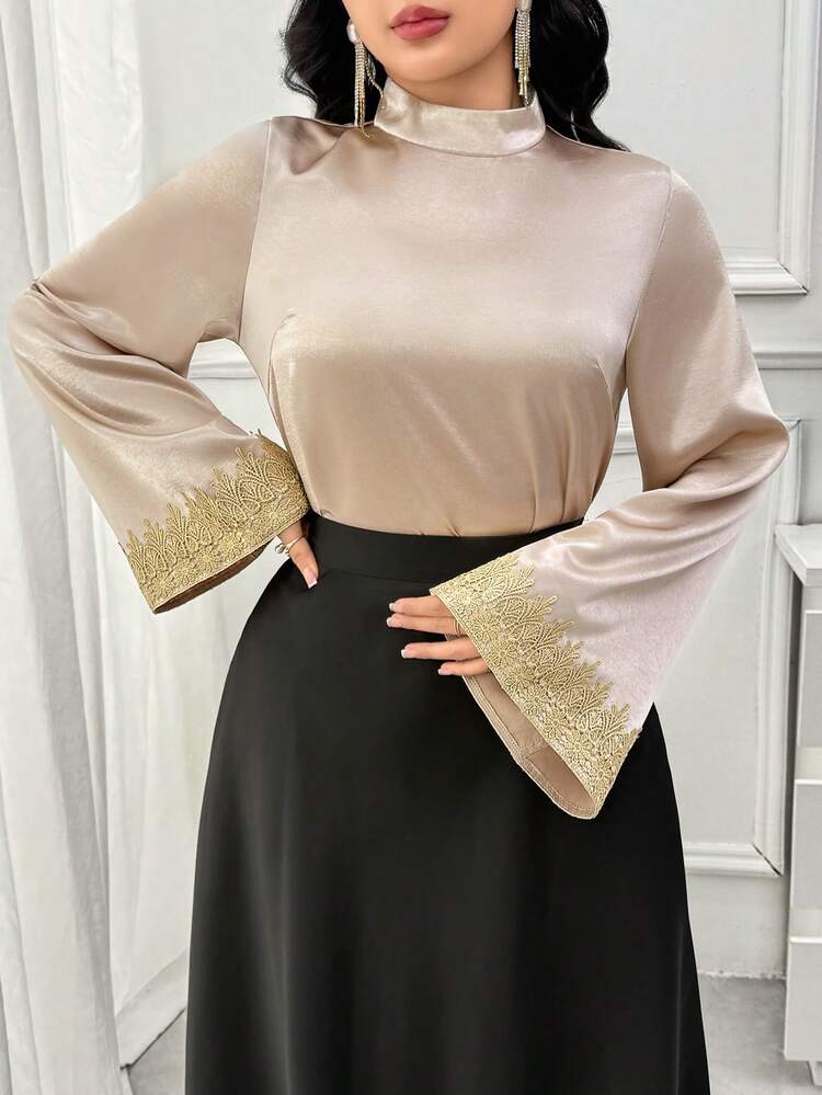 Women's Elegant Lace Patchwork Stand Collar Blouse, Spring,Wedding Guest Dress Women